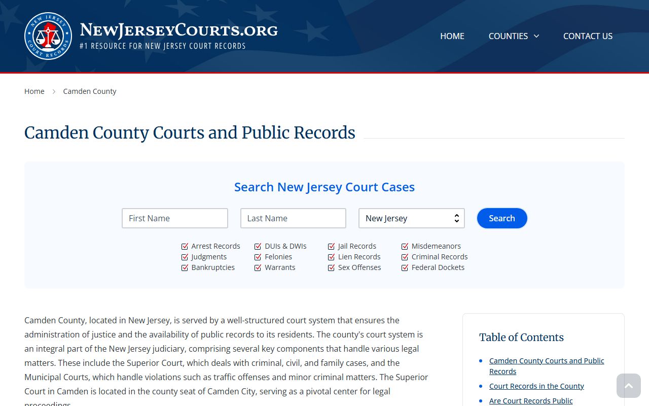Camden County courts information page for criminal and felony case access