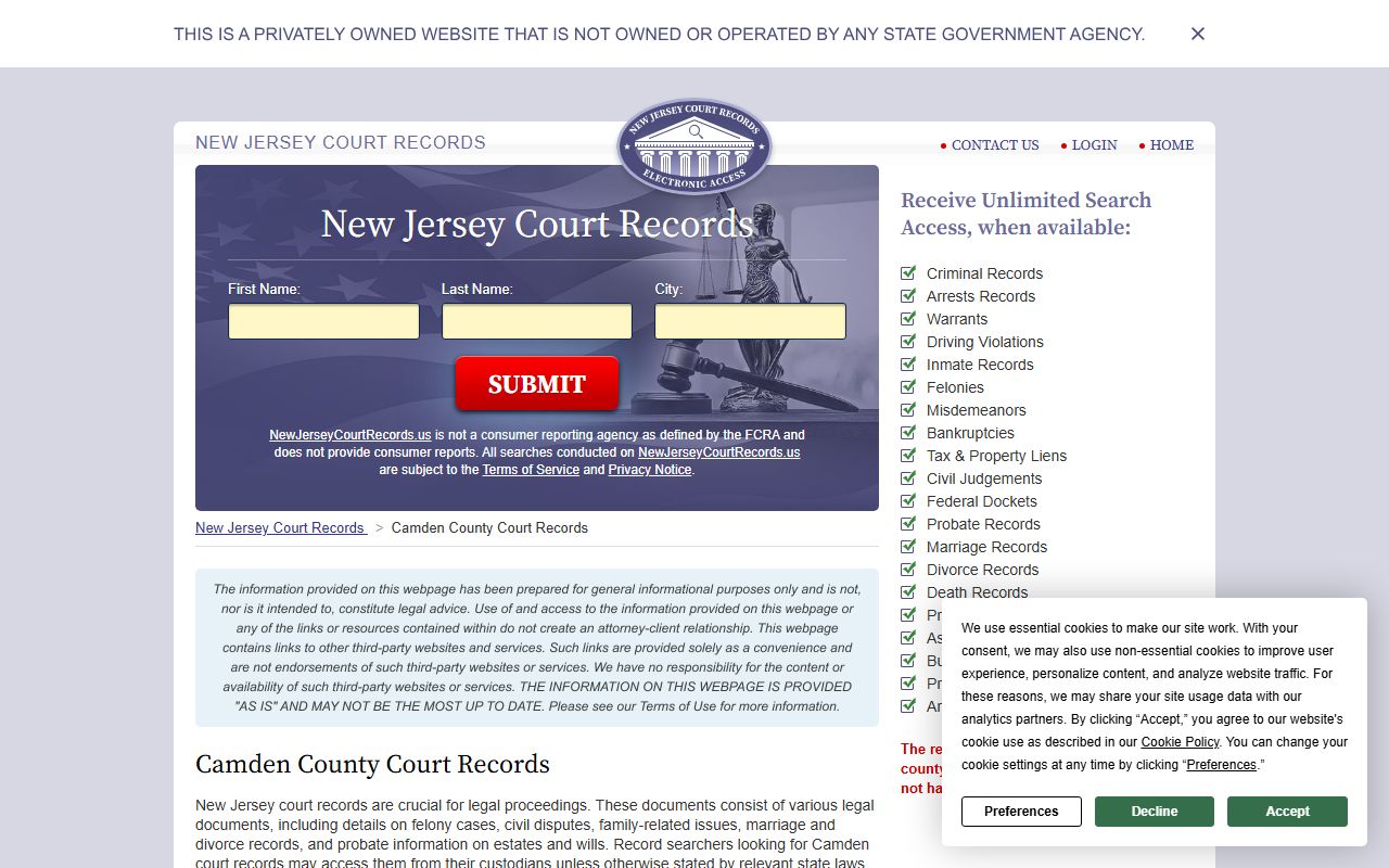 Camden criminal records search portal for public felony case access