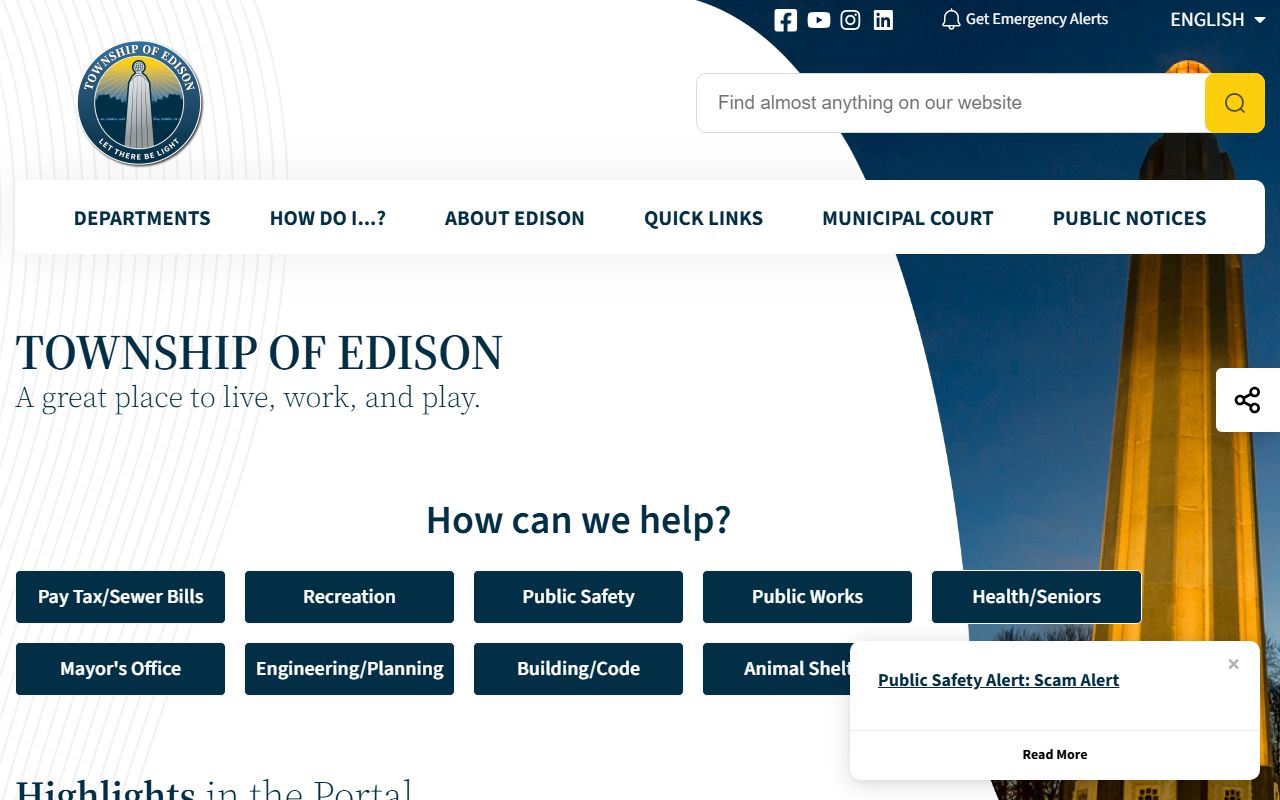 Edison Township official website with government services and public safety links
