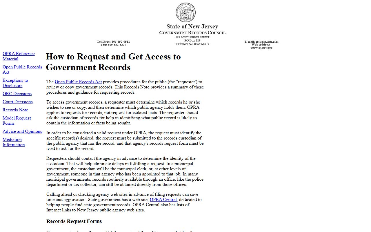 OPRA guidelines from the New Jersey Government Records Council for Franklin Township records requests