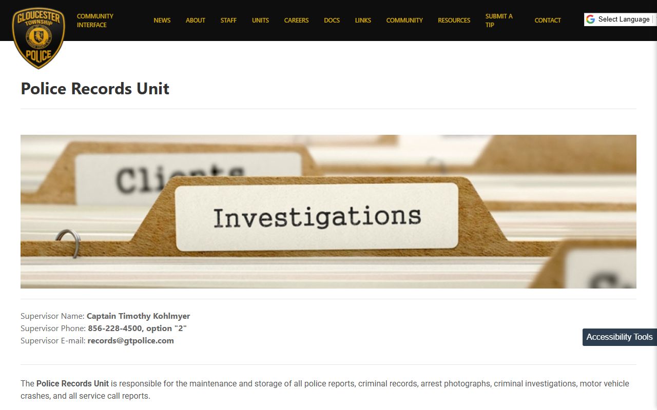 Gloucester Township Police Department records division for felony and criminal case records