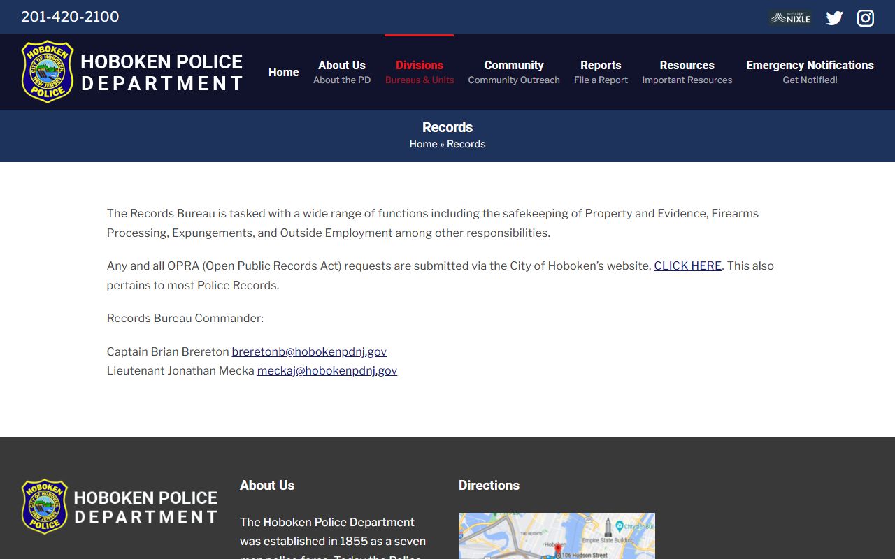 Hoboken Police Department records page for accessing Hoboken felony records