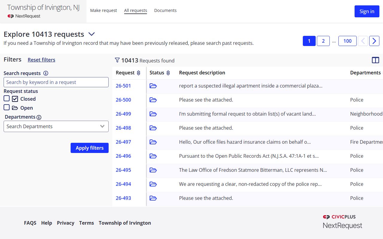 Irvington Township OPRA portal through NextRequest for requesting felony and criminal records