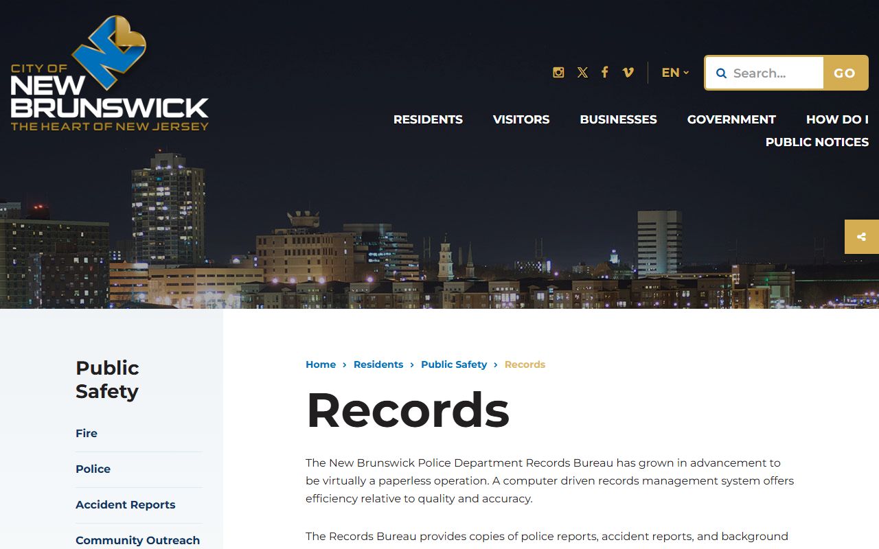 New Brunswick Police records page for accessing New Brunswick felony records