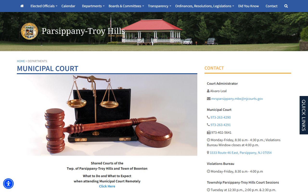 Parsippany Municipal Court page with information on Parsippany-Troy Hills Township felony records