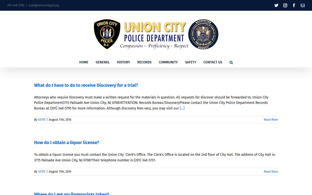 Union City Police Bureau of Criminal Identification records and FAQ information