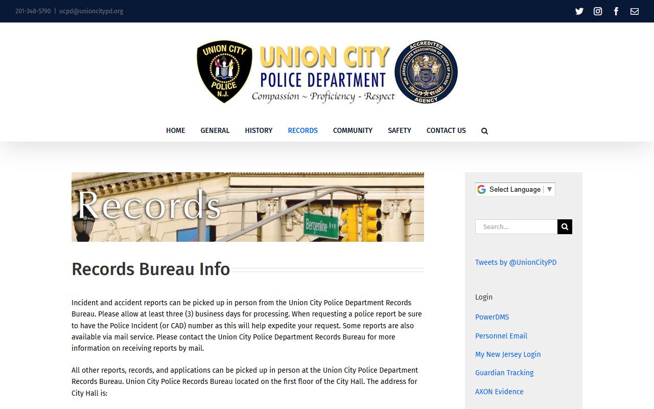Union City Police Department Records Bureau at City Hall for felony record requests