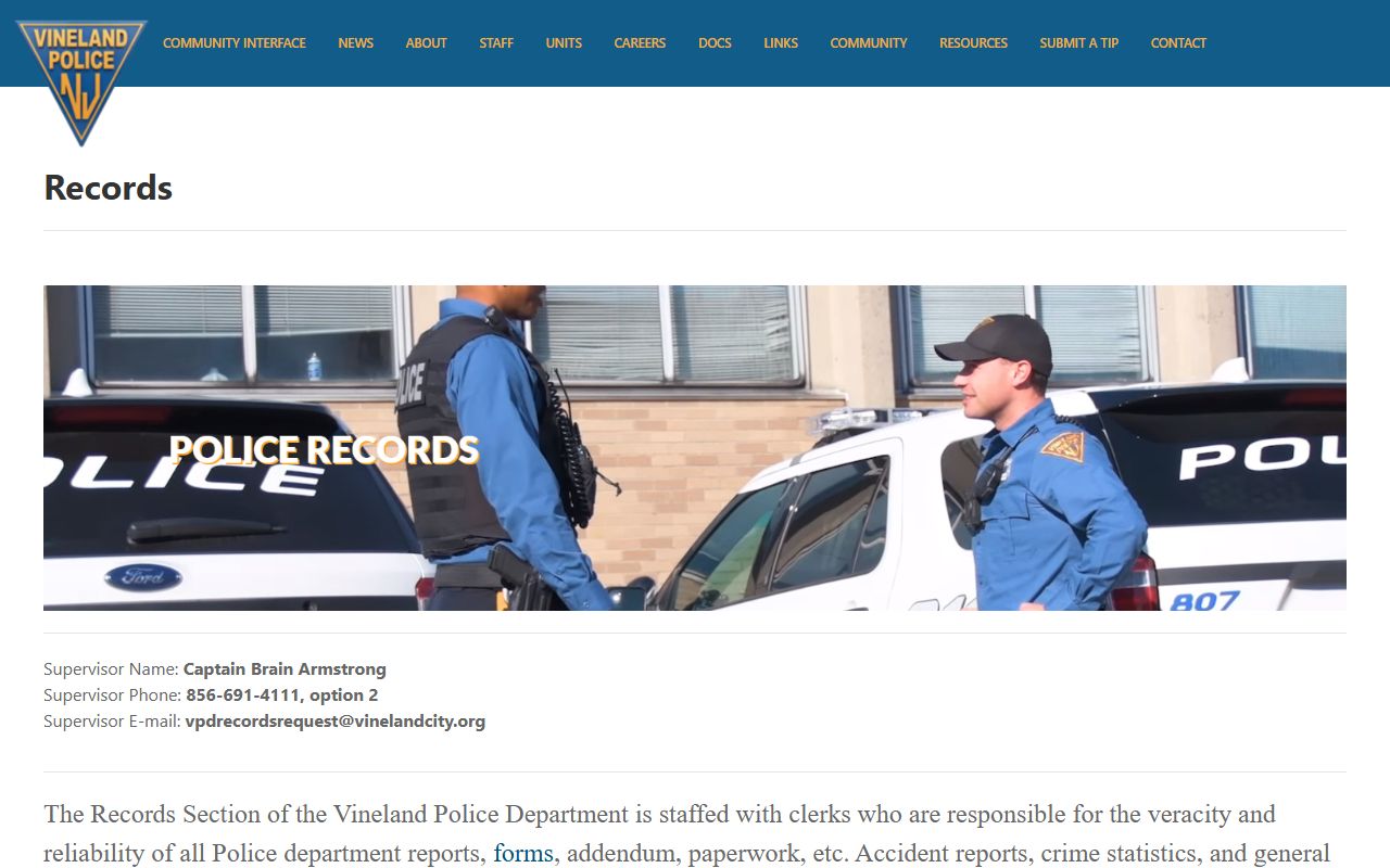 Vineland Police Department records page for accessing Vineland felony records