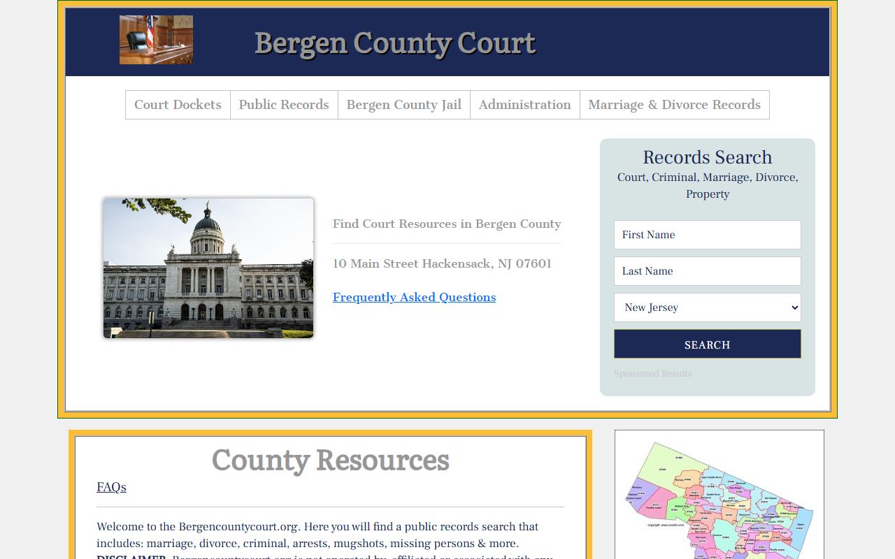 Bergen County Superior Court website for criminal case and felony record searches