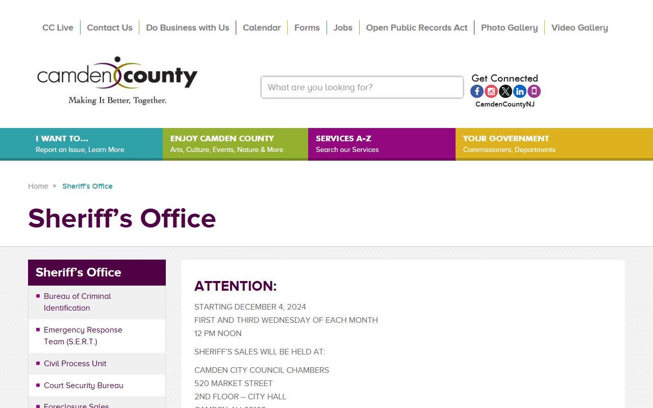 Camden County Sheriff Office website with criminal identification and felony record resources