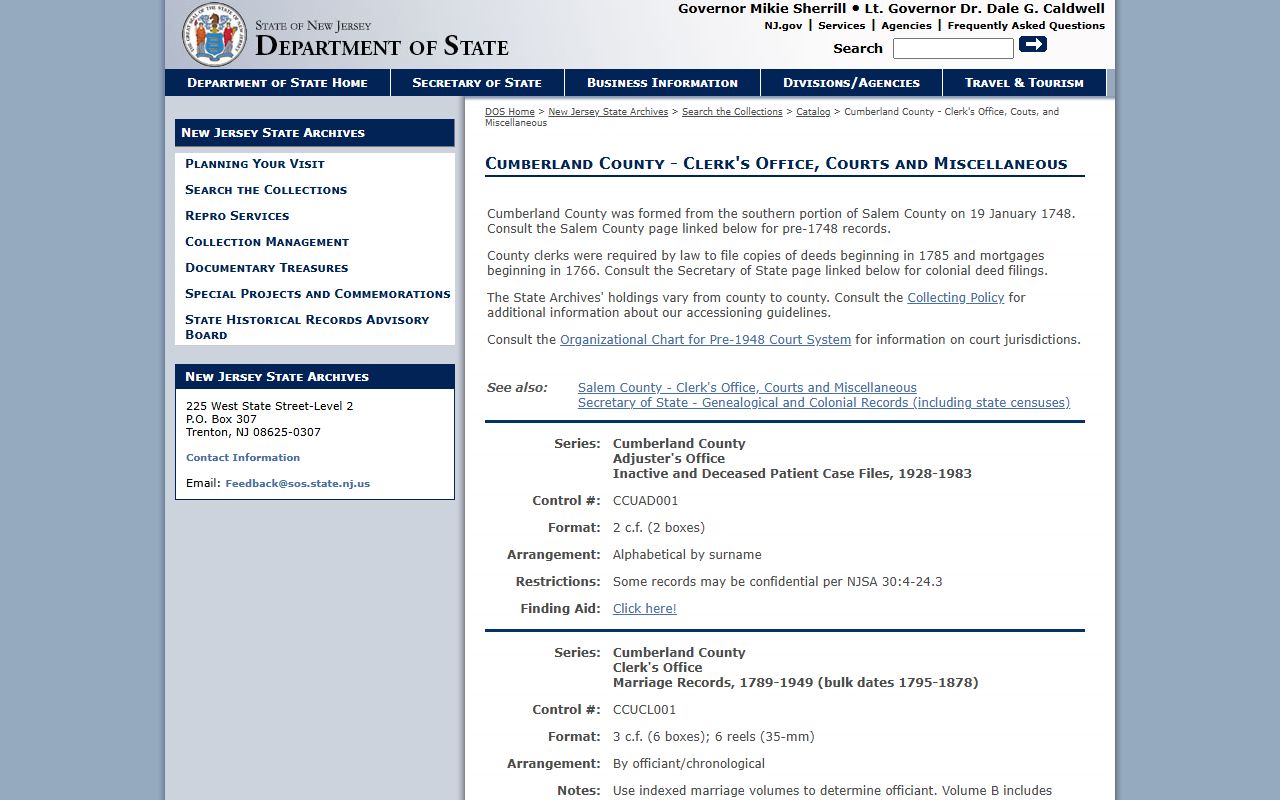 Cumberland County Clerk historical felony records at the State Archives