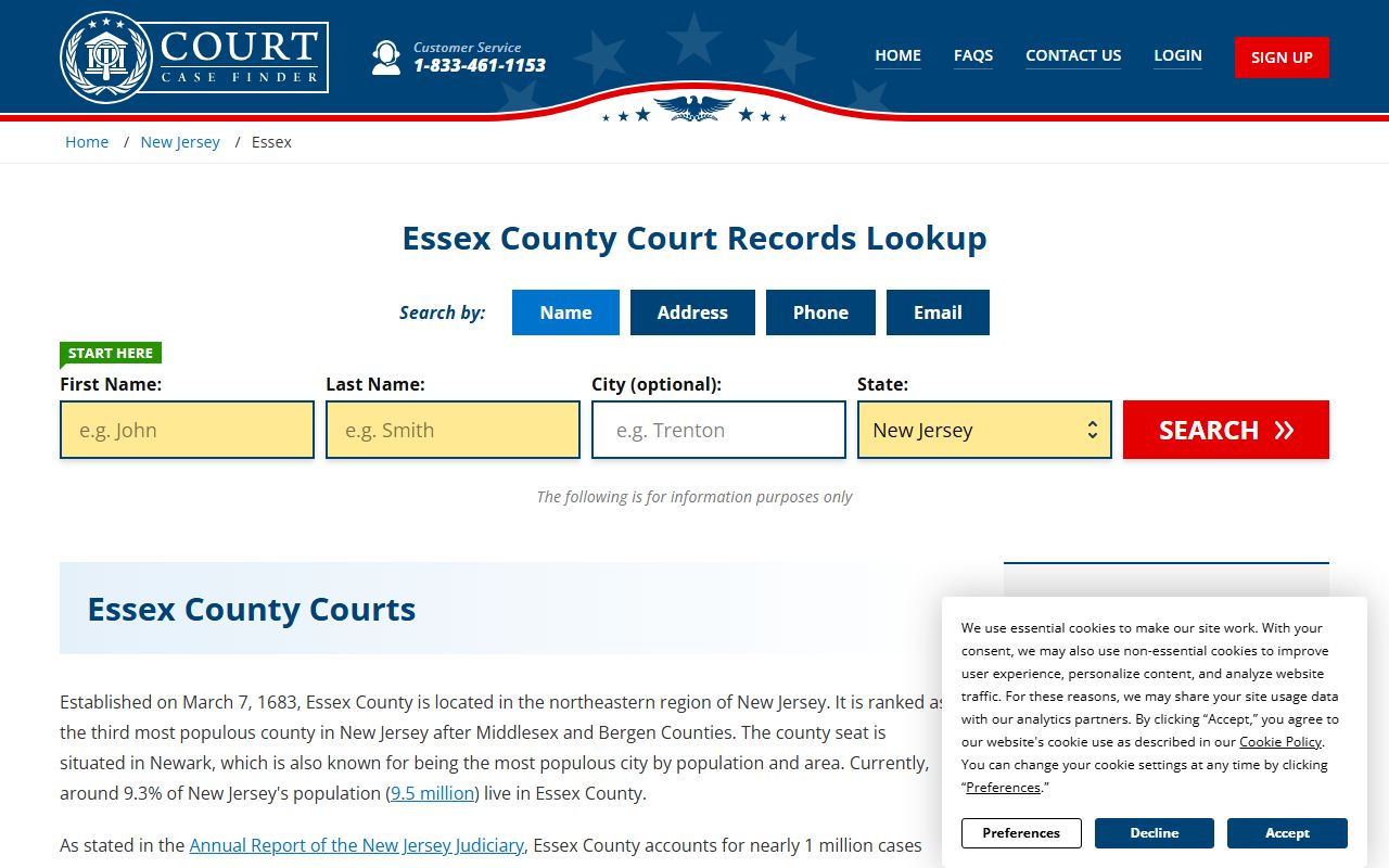 Essex County court records search tool for felony case lookups