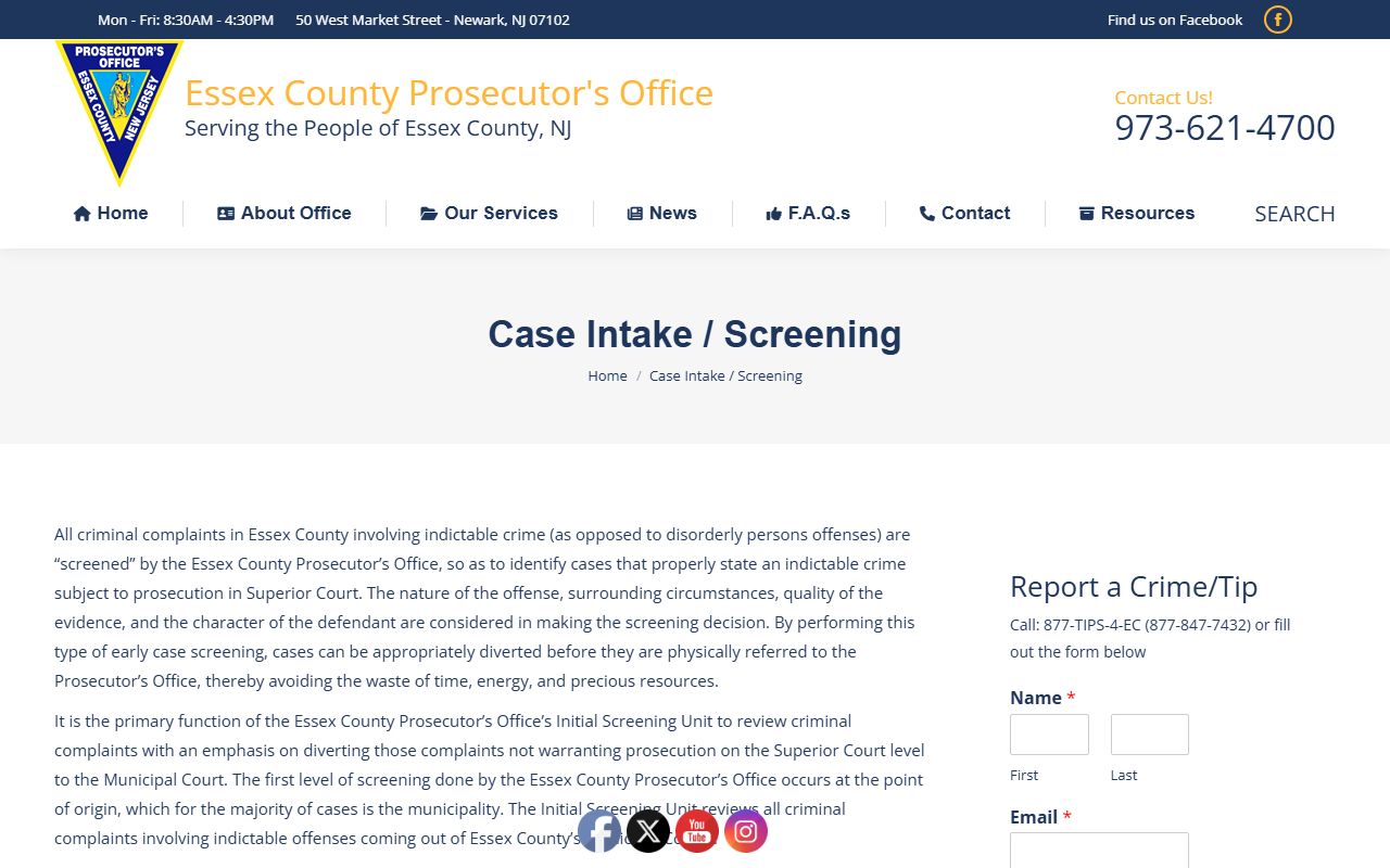 Essex County Prosecutor case intake screening for felony charges