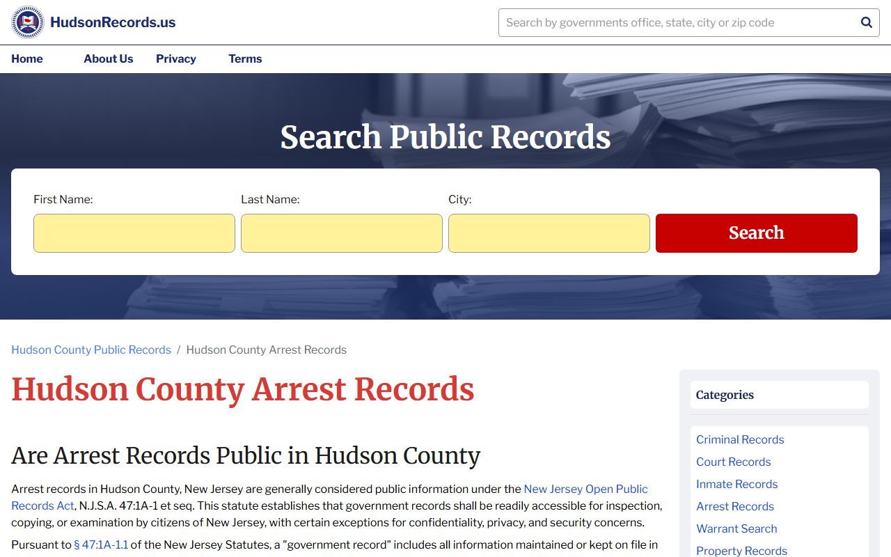 Hudson County arrest records search page for felony cases