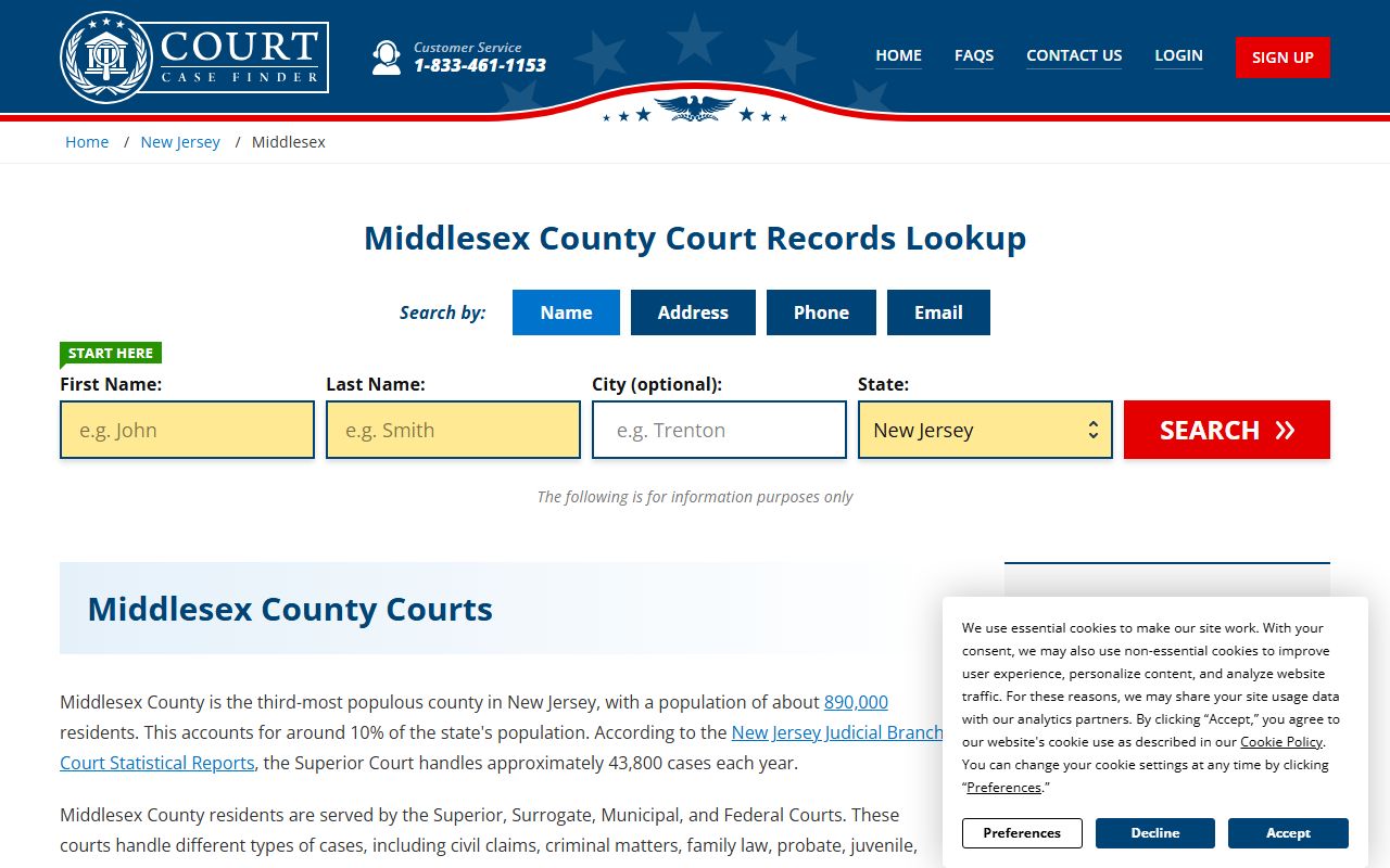 Middlesex County court case search tool for felony records