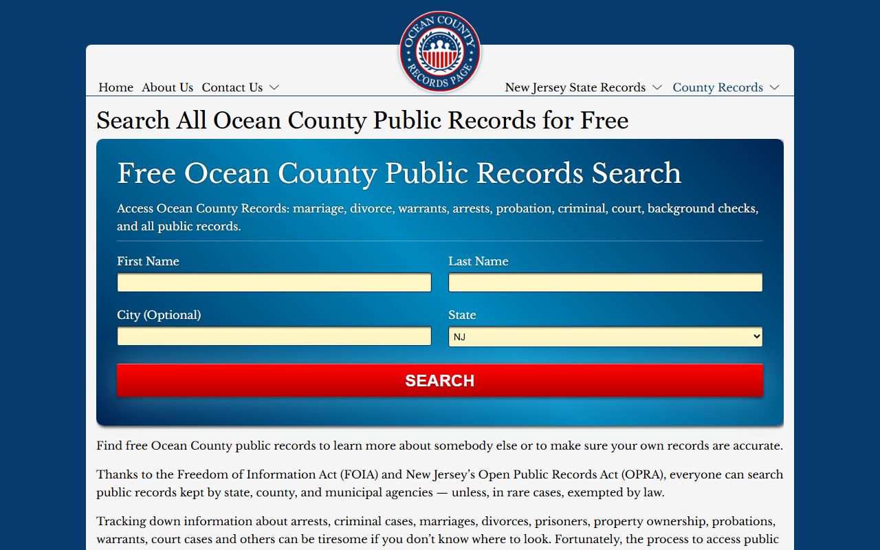 Ocean County records page for searching felony case data online