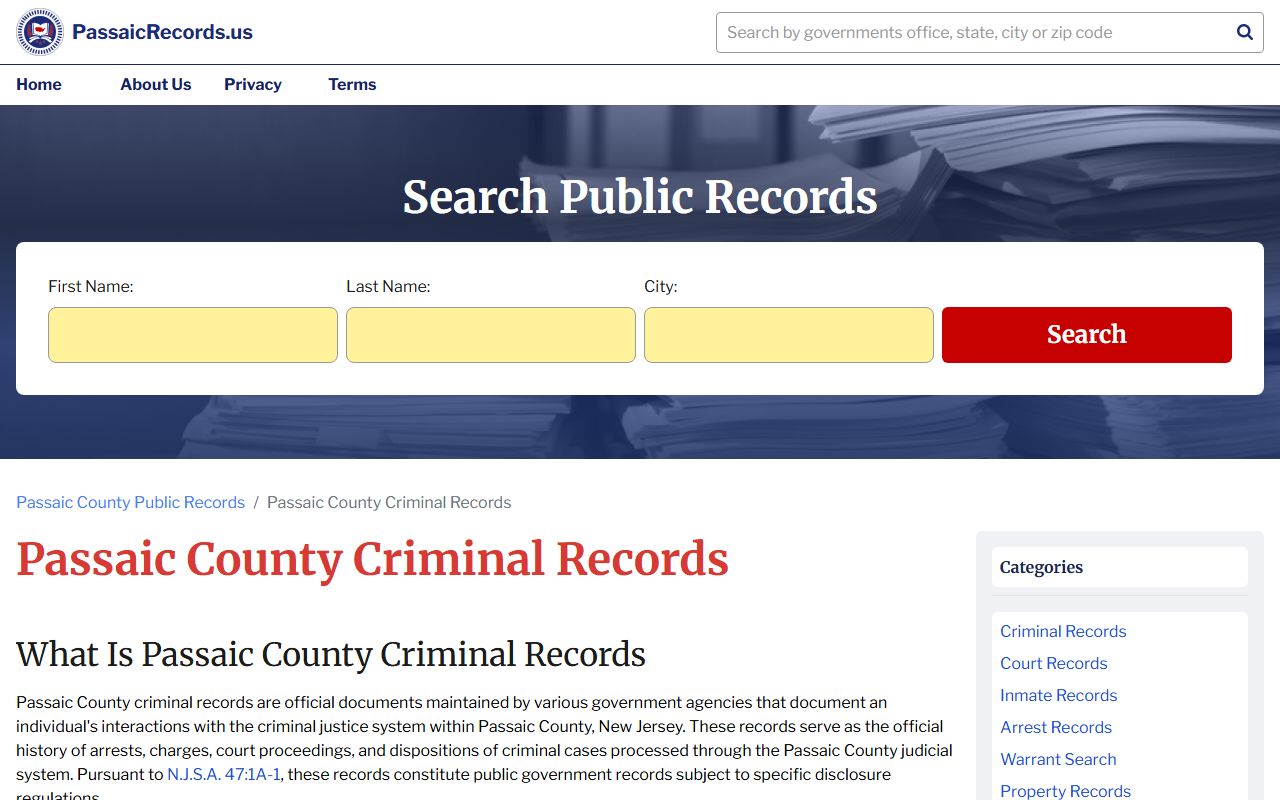 Passaic County criminal records search page for felony case data