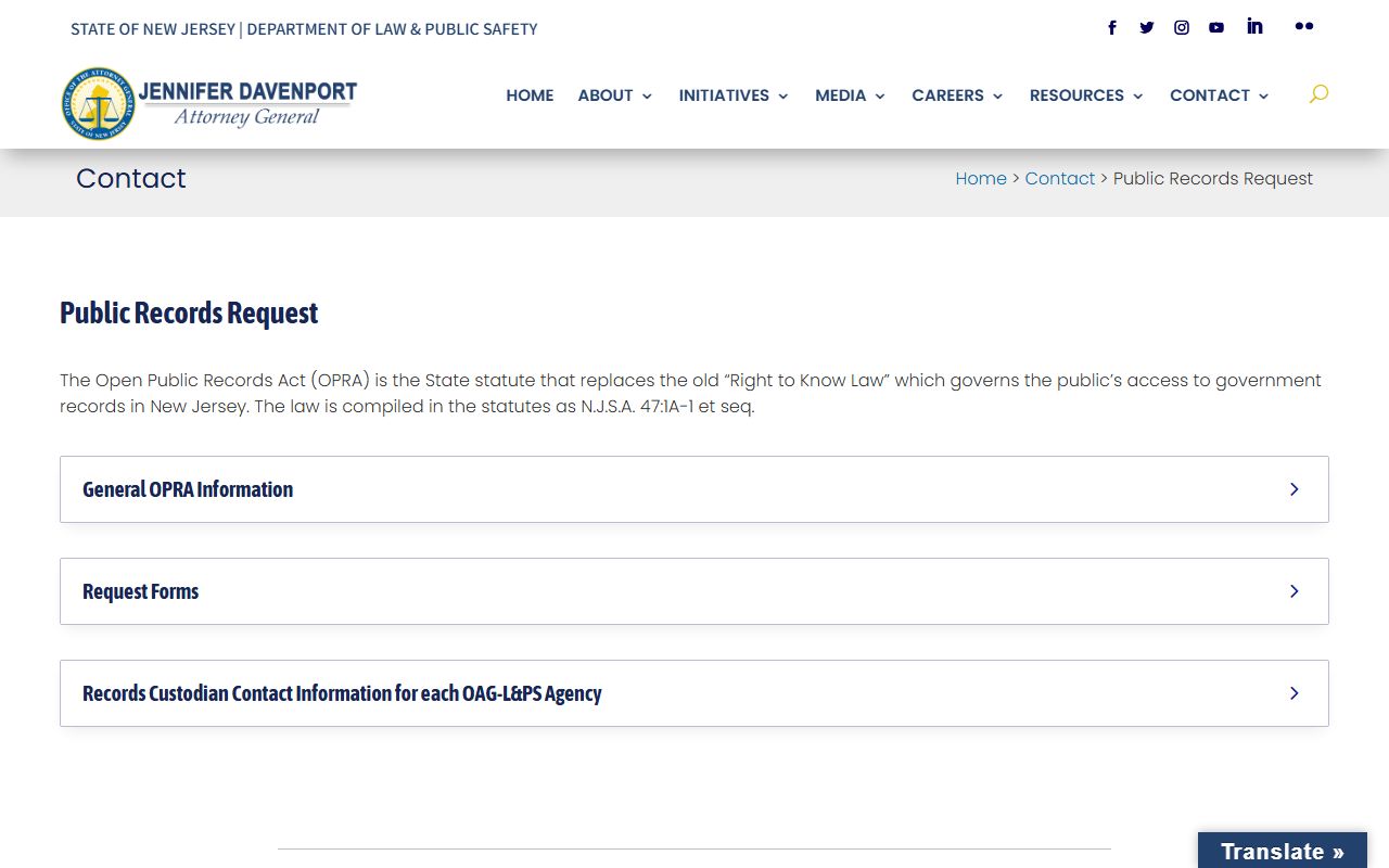New Jersey Attorney General OPRA request portal for felony records