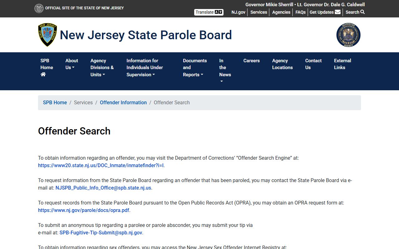 New Jersey State Parole Board offender information felony records
