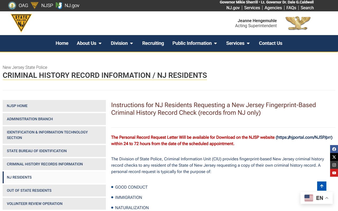 New Jersey State Police criminal history felony records page